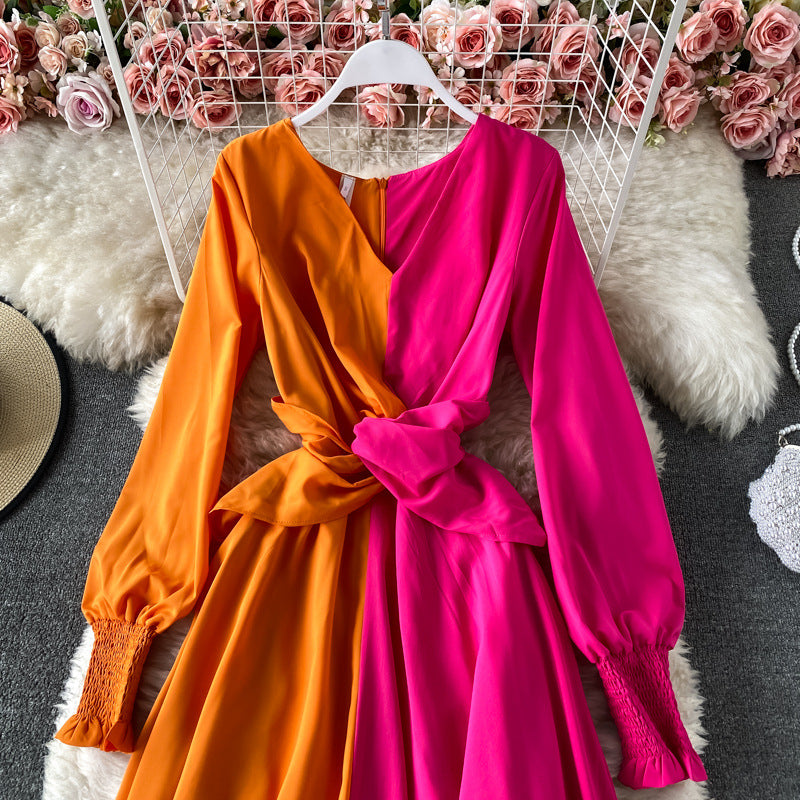 Spring New Shore Beach Tourism Holiday Big Swing Dress Color Contrast Slim V-Neck Dress