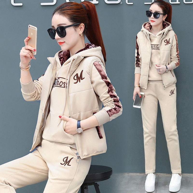 Women Suit Tracksuit Winter 3 Piece Set Hoodies+Vest+Pants Casual Suit Plus Velvet Warm Sporting Women's Suits Female Clothes