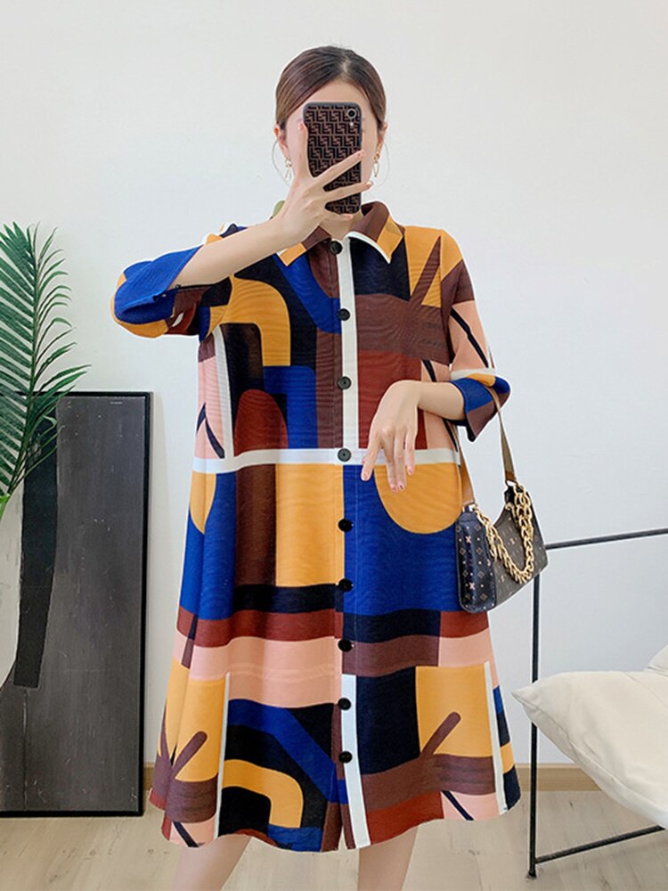 Printing Dress For Women Lapel Stitching Color Single Breasted Pleated Fashion Dresses Female Festival Clothing