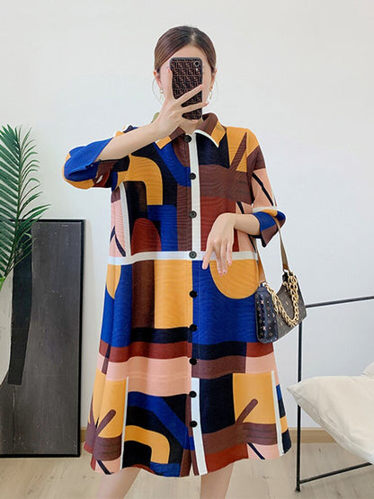 Printing Dress For Women Lapel Stitching Color Single Breasted Pleated Fashion Dresses Female Festival Clothing