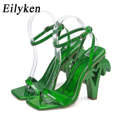 Eilyken Sexy Green Ankle Cross Strap Sandals Women Summer Fashion Open Toe Club Stripper Design Fretwork Heels Ladies Shoes