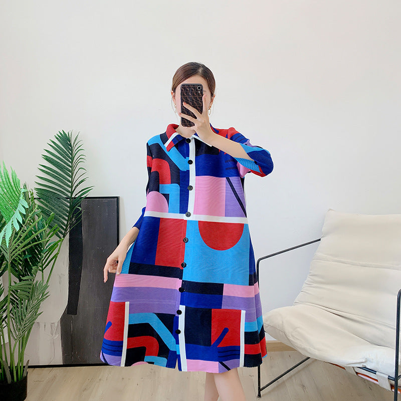 Printing Dress For Women Lapel Stitching Color Single Breasted Pleated Fashion Dresses Female Festival Clothing