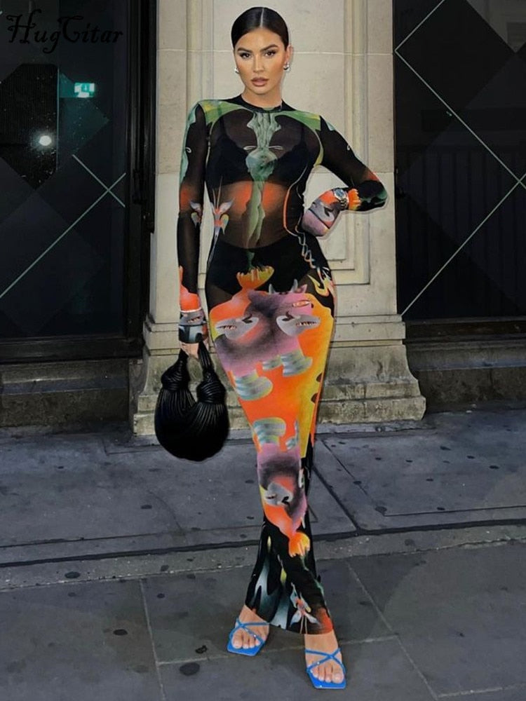 Hugcitar Print Long Sleeves Graphic Patchwork Sexy Slim Maxi Prom Dress Fall Women New Casual Streetwear Party Y2K Clothes