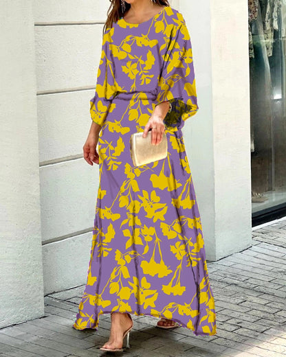 Women's Summer New Loose Plus Size Printed Long Sleeve Tops High Waiste Half-Length Skirt Suits