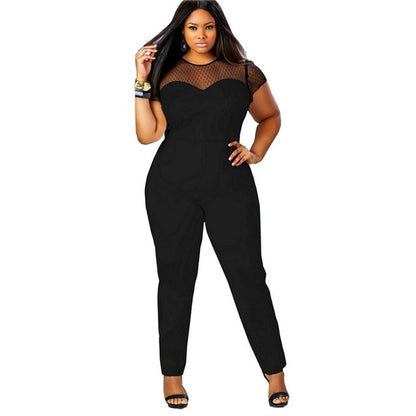 Big Size Casual Office Work Summer Women Jumpsuit O-Neck Patchwork Lace Jumpsuit Large Size Rompers Ropa Mujer Vestidos