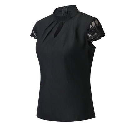 Women Tops Chiffon Shirt Women Blouse Ruffle Short Sleeve Splice Lace Chiffon Blouse Plus Size Office Lady Summer Tops