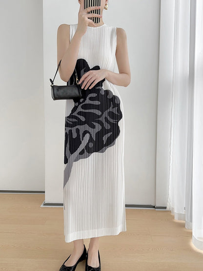 Pleated Designer Art Flower Pattern Printed Pleated Sleeveless Tank Vest Long Dress Women Korean Fashion Clothes