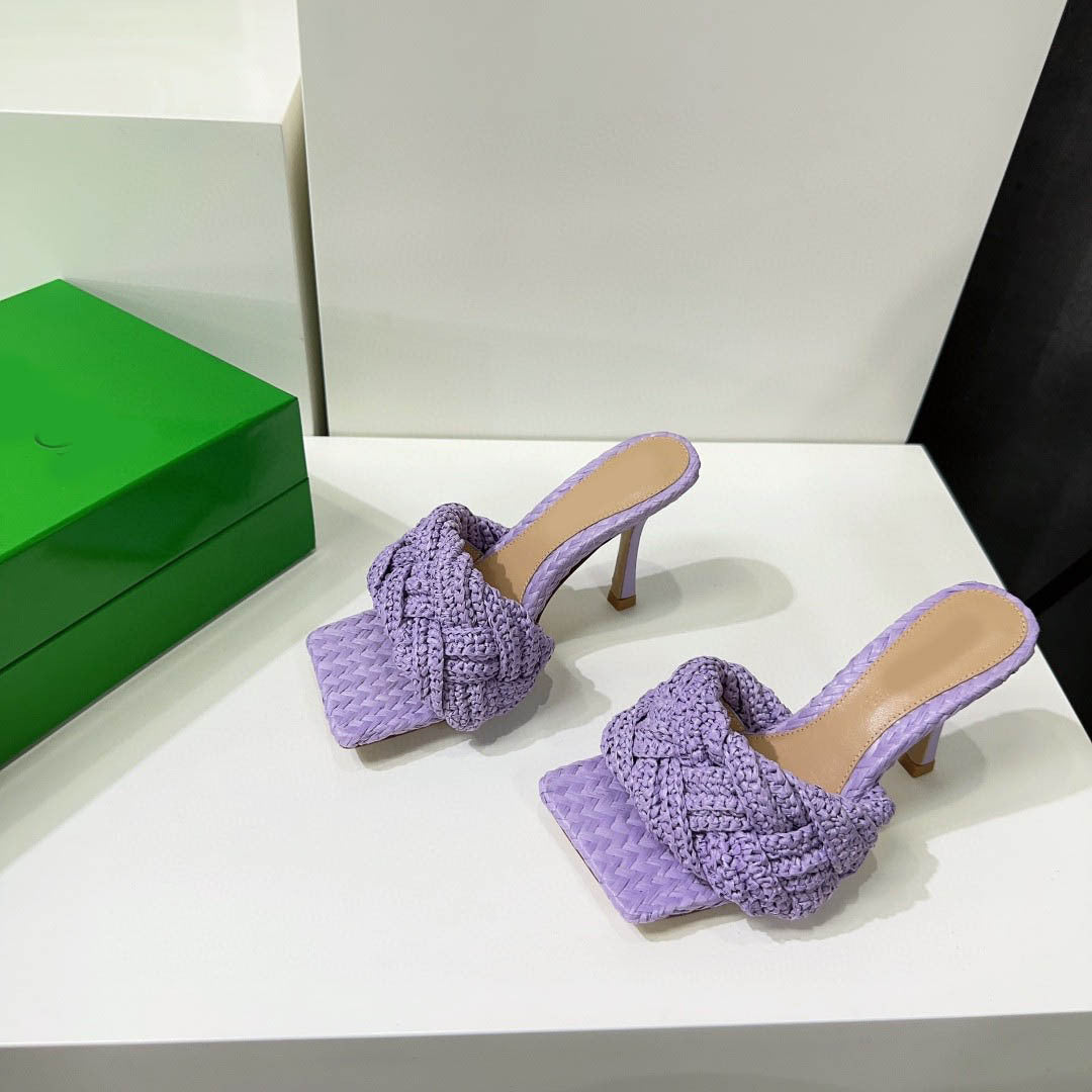 Sexy Hemp High Heels Slippers Peep Toe Party Shoes For Women Slip On Mule Outwear Fashion Pink Braided Sandals
