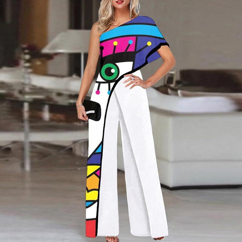 Large Size Jumpsuit Women's Off-The-Shoulder Print Casual Print Wide Leg Pants