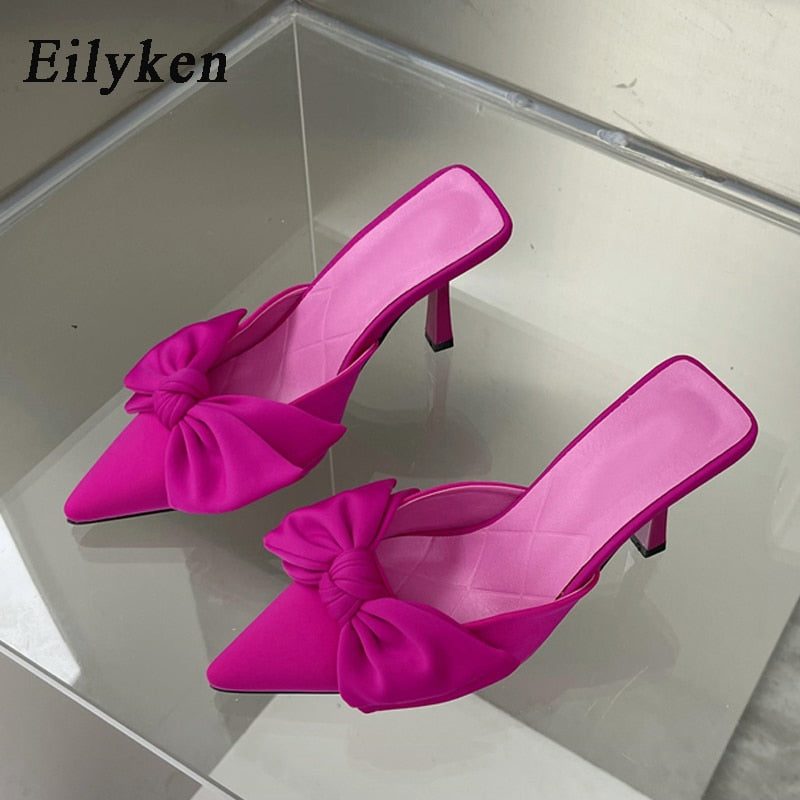 Eilyken Autumn Big Butterfly-knot Women Slippers Sandals Shallow Pointed Toe Mules Stripper High Heel Pumps Ladies Shoes
