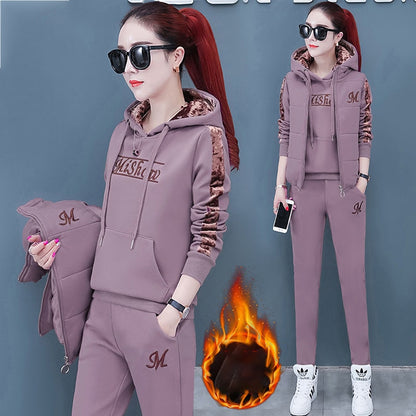 Women Suit Tracksuit Winter 3 Piece Set Hoodies+Vest+Pants Casual Suit Plus Velvet Warm Sporting Women's Suits Female Clothes
