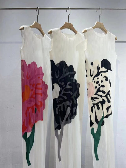 Pleated Designer Art Flower Pattern Printed Pleated Sleeveless Tank Vest Long Dress Women Korean Fashion Clothes