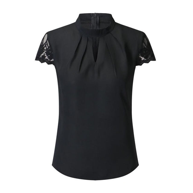 Women Tops Chiffon Shirt Women Blouse Ruffle Short Sleeve Splice Lace Chiffon Blouse Plus Size Office Lady Summer Tops