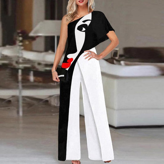 Large Size Jumpsuit Women's Off-The-Shoulder Print Casual Print Wide Leg Pants