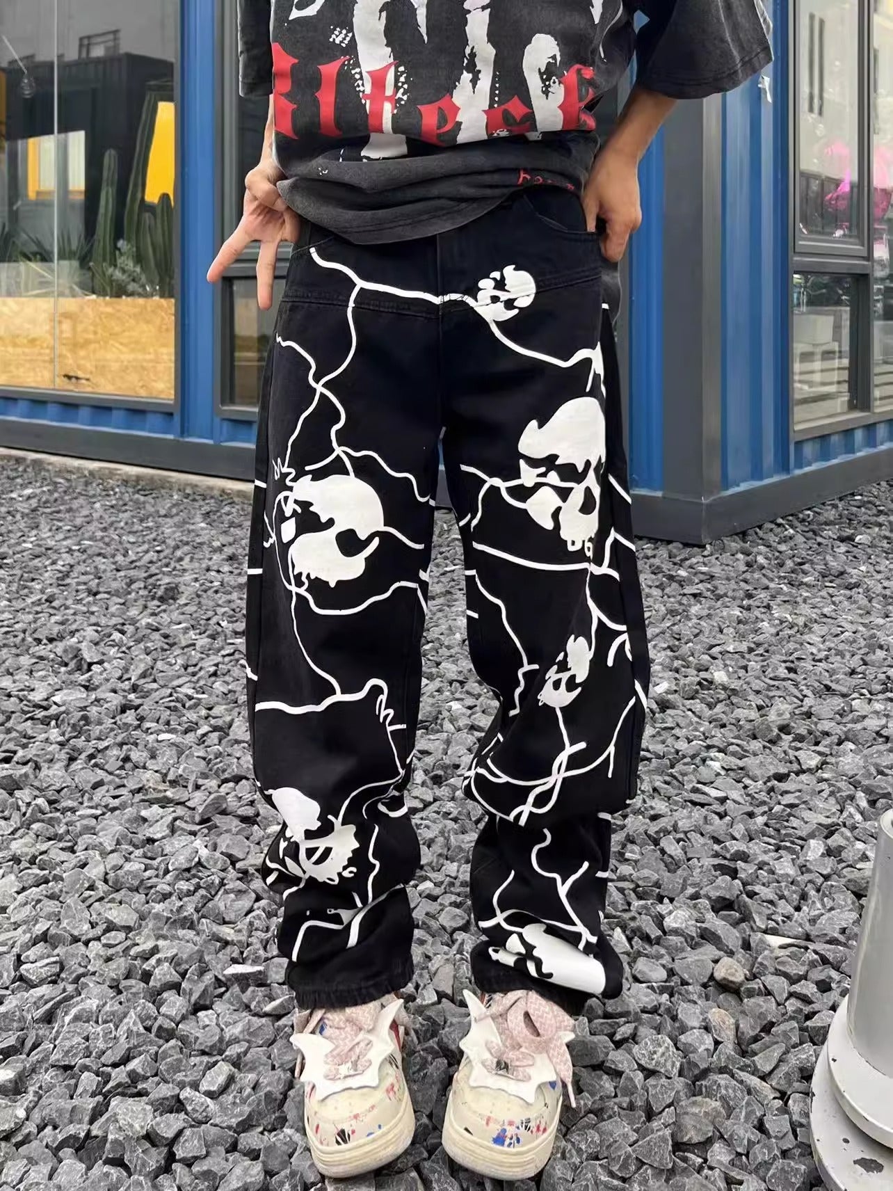 American street dark lightning skull jeans men European and American all match straight trousers