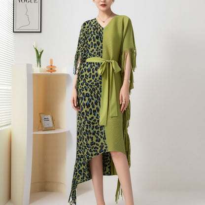 Leopard Print Bat Sleeve Tassel Lace Up Medium Long Irregular Three Curtilage Pleated Dress Loose And Slim