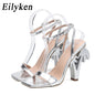 Eilyken Sexy Green Ankle Cross Strap Sandals Women Summer Fashion Open Toe Club Stripper Design Fretwork Heels Ladies Shoes