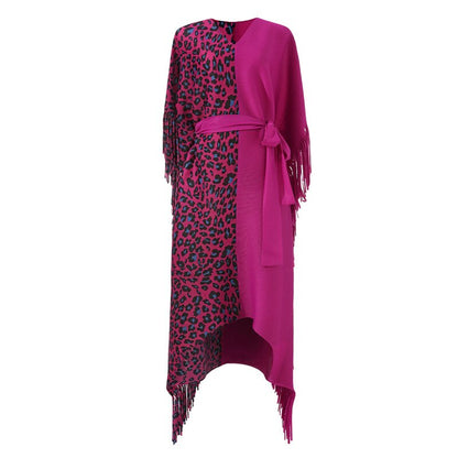 Leopard Print Bat Sleeve Tassel Lace Up Medium Long Irregular Three Curtilage Pleated Dress Loose And Slim
