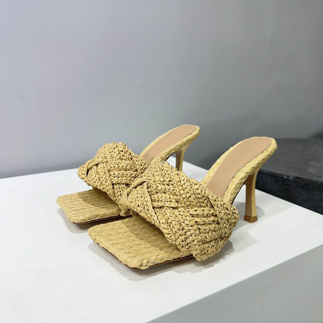 Sexy Hemp High Heels Slippers Peep Toe Party Shoes For Women Slip On Mule Outwear Fashion Pink Braided Sandals