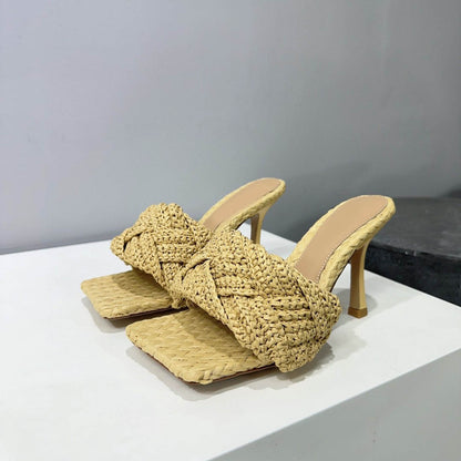 Sexy Hemp High Heels Slippers Peep Toe Party Shoes For Women Slip On Mule Outwear Fashion Pink Braided Sandals