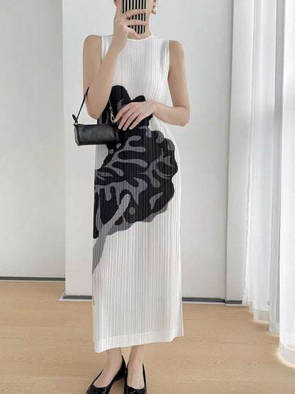 Pleated Designer Art Flower Pattern Printed Pleated Sleeveless Tank Vest Long Dress Women Korean Fashion Clothes