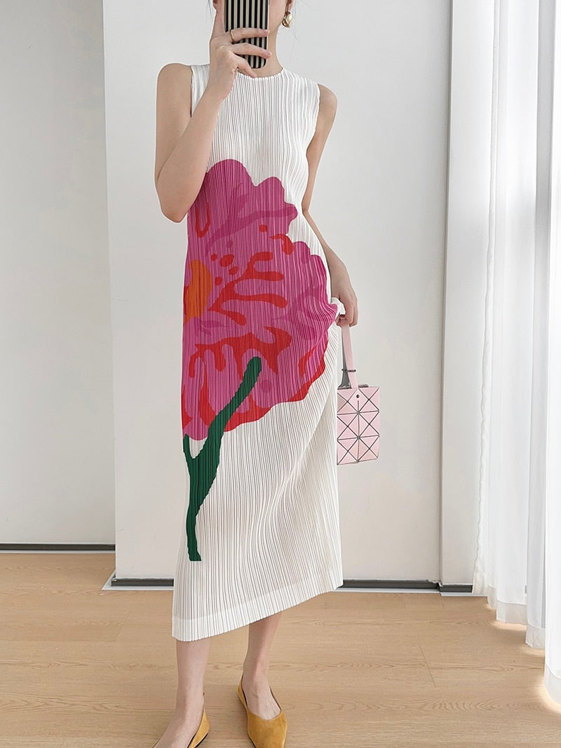 Pleated Designer Art Flower Pattern Printed Pleated Sleeveless Tank Vest Long Dress Women Korean Fashion Clothes