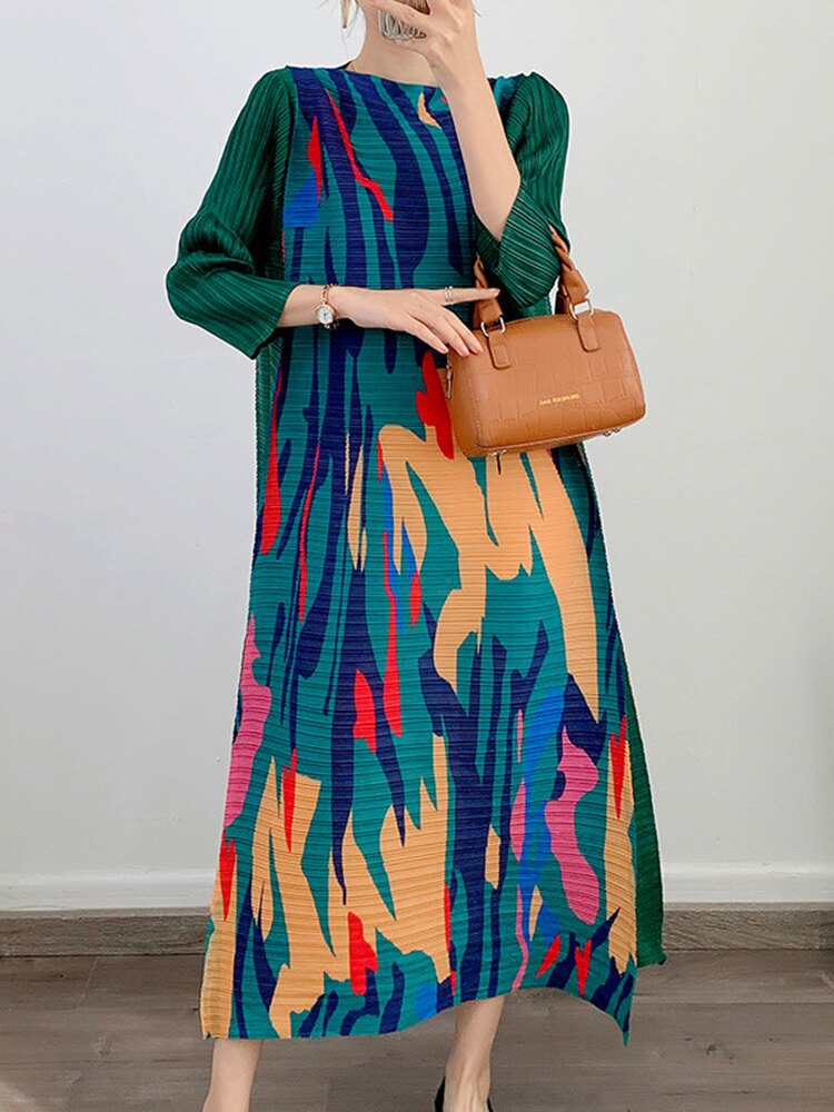 LANMREM Maxi Pleated Dress For Women Slash Neck Long Sleeves Loose Style Fashion Clothing Ladies  Spring Summer New 2DA1196