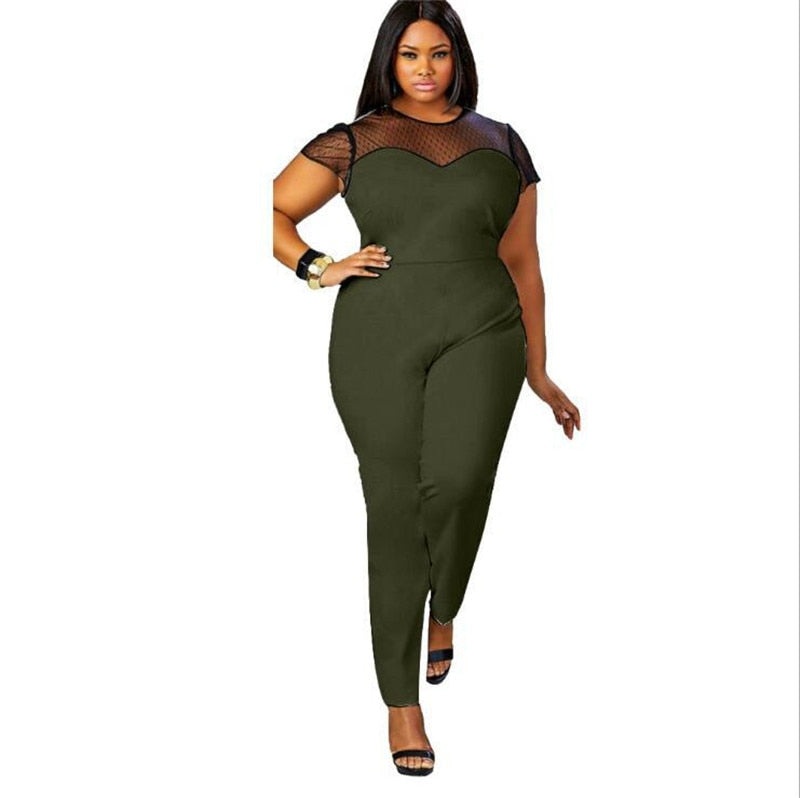 Big Size Casual Office Work Summer Women Jumpsuit O-Neck Patchwork Lace Jumpsuit Large Size Rompers Ropa Mujer Vestidos