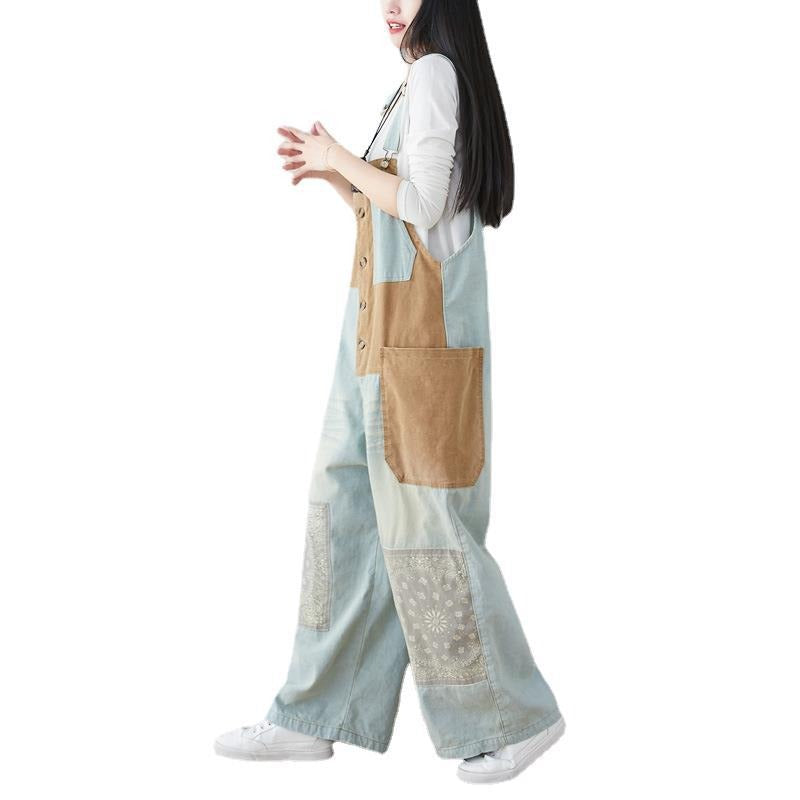 New personality stitching jeans literary wash large size loose overalls ethnic style wide leg pants
