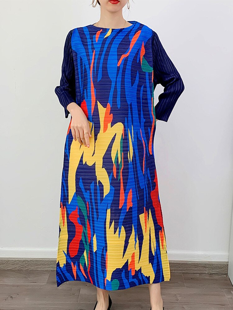 LANMREM Maxi Pleated Dress For Women Slash Neck Long Sleeves Loose Style Fashion Clothing Ladies  Spring Summer New 2DA1196