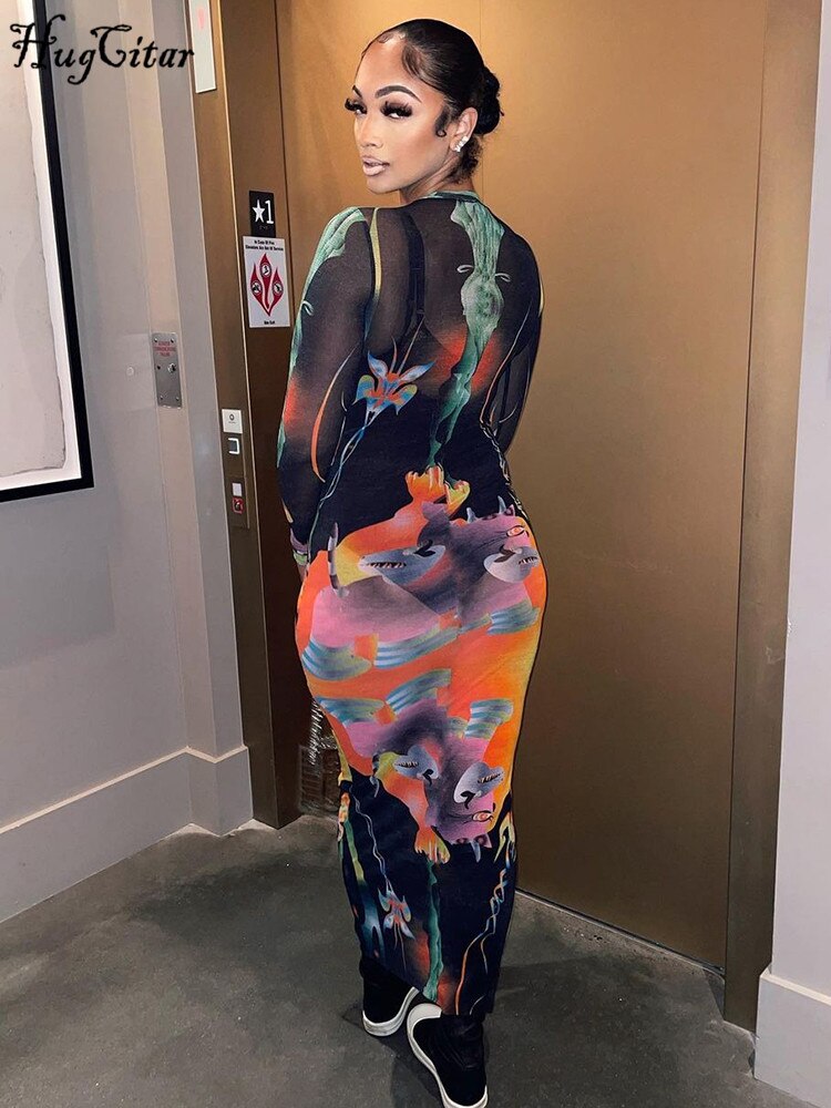 Hugcitar Print Long Sleeves Graphic Patchwork Sexy Slim Maxi Prom Dress Fall Women New Casual Streetwear Party Y2K Clothes
