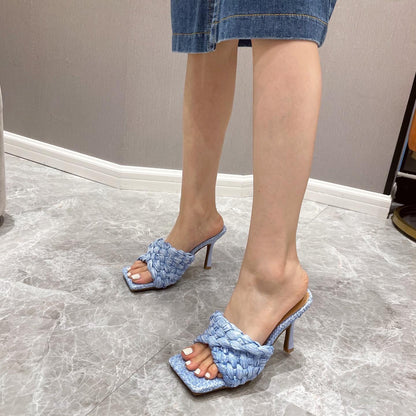 Sexy Hemp High Heels Slippers Peep Toe Party Shoes For Women Slip On Mule Outwear Fashion Pink Braided Sandals
