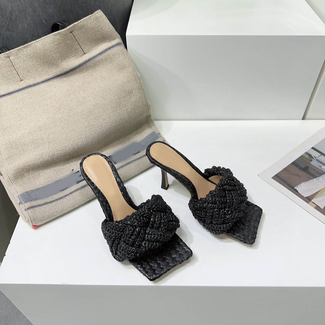 Sexy Hemp High Heels Slippers Peep Toe Party Shoes For Women Slip On Mule Outwear Fashion Pink Braided Sandals