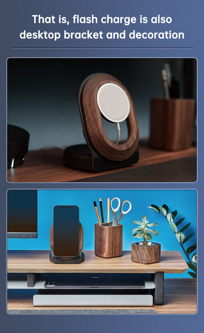 Wooden Desk Shelf Accessories Walnut Wireless Magnetic Charger Wireless Charging Stand For Magsafe