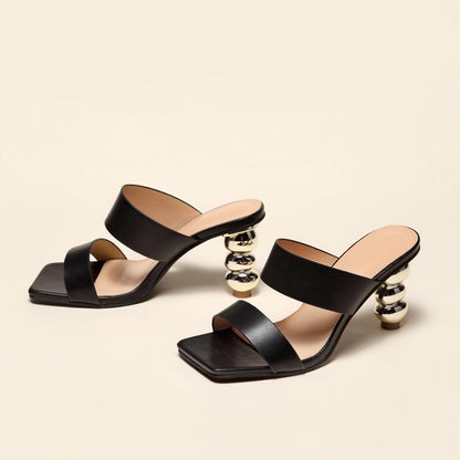New Design Metal Strange High Heels Summer Women Slipper Elegant Square Toe Slip-On Sliders Shoes Ladies Sandals Size 42