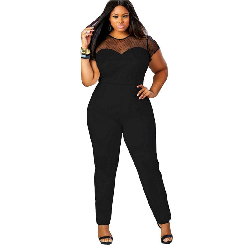 Big Size Casual Office Work Summer Women Jumpsuit O-Neck Patchwork Lace Jumpsuit Large Size Rompers Ropa Mujer Vestidos