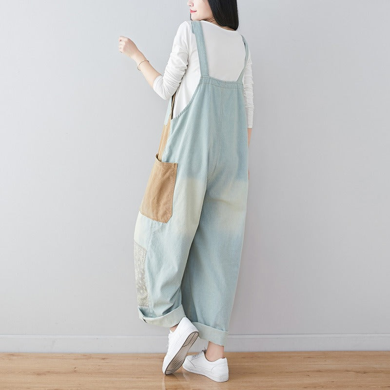 New personality stitching jeans literary wash large size loose overalls ethnic style wide leg pants