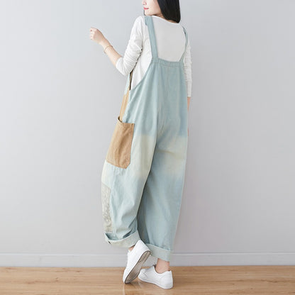 New personality stitching jeans literary wash large size loose overalls ethnic style wide leg pants