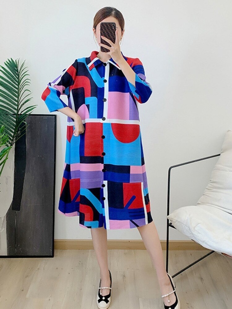 Printing Dress For Women Lapel Stitching Color Single Breasted Pleated Fashion Dresses Female Festival Clothing