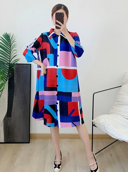 Printing Dress For Women Lapel Stitching Color Single Breasted Pleated Fashion Dresses Female Festival Clothing