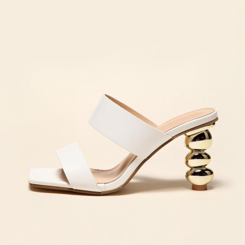 New Design Metal Strange High Heels Summer Women Slipper Elegant Square Toe Slip-On Sliders Shoes Ladies Sandals Size 42