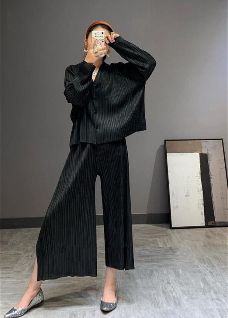 Wrinkled Spring New Style Large Size Suit Korean Version Fashionable Two-Piece Wide Leg Pants