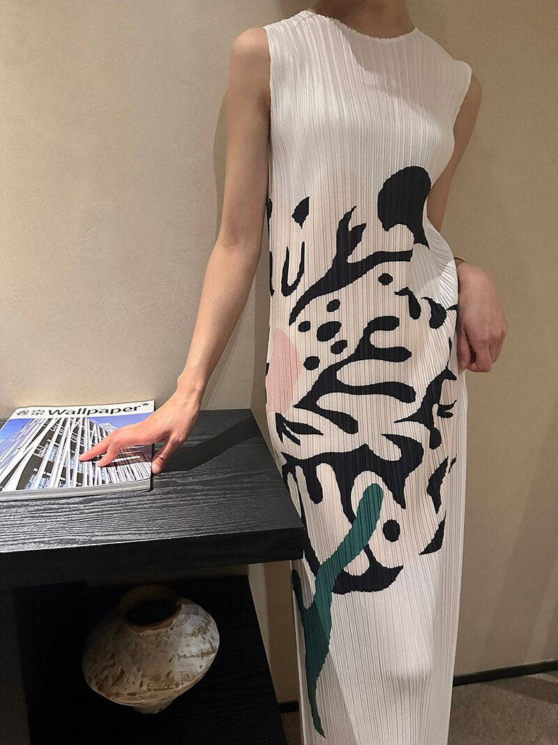Pleated Designer Art Flower Pattern Printed Pleated Sleeveless Tank Vest Long Dress Women Korean Fashion Clothes