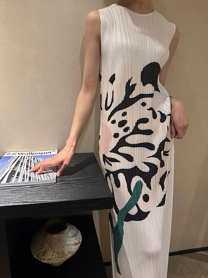 Pleated Designer Art Flower Pattern Printed Pleated Sleeveless Tank Vest Long Dress Women Korean Fashion Clothes