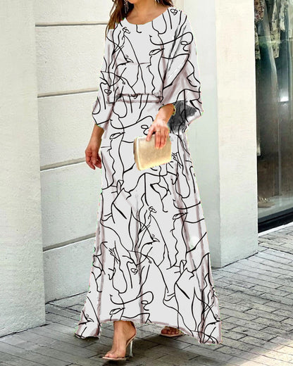 Women's Summer New Loose Plus Size Printed Long Sleeve Tops High Waiste Half-Length Skirt Suits