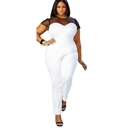 Big Size Casual Office Work Summer Women Jumpsuit O-Neck Patchwork Lace Jumpsuit Large Size Rompers Ropa Mujer Vestidos