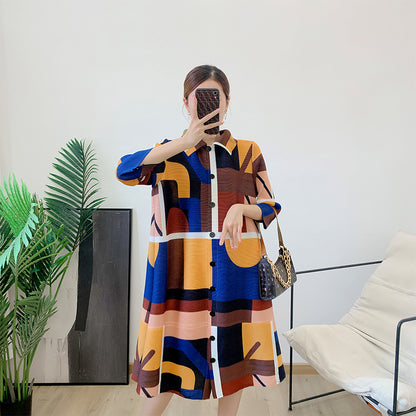Printing Dress For Women Lapel Stitching Color Single Breasted Pleated Fashion Dresses Female Festival Clothing
