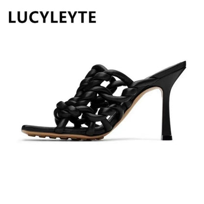 Processing time:5-7 days after placing orders  Women's Spring and Summer New Fashion Woven Sandals European and American Slim Fitting High-heeled Banquet Walking Shoes