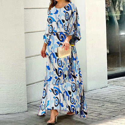 Women's Summer New Loose Plus Size Printed Long Sleeve Tops High Waiste Half-Length Skirt Suits