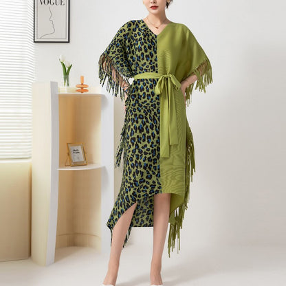 Leopard Print Bat Sleeve Tassel Lace Up Medium Long Irregular Three Curtilage Pleated Dress Loose And Slim